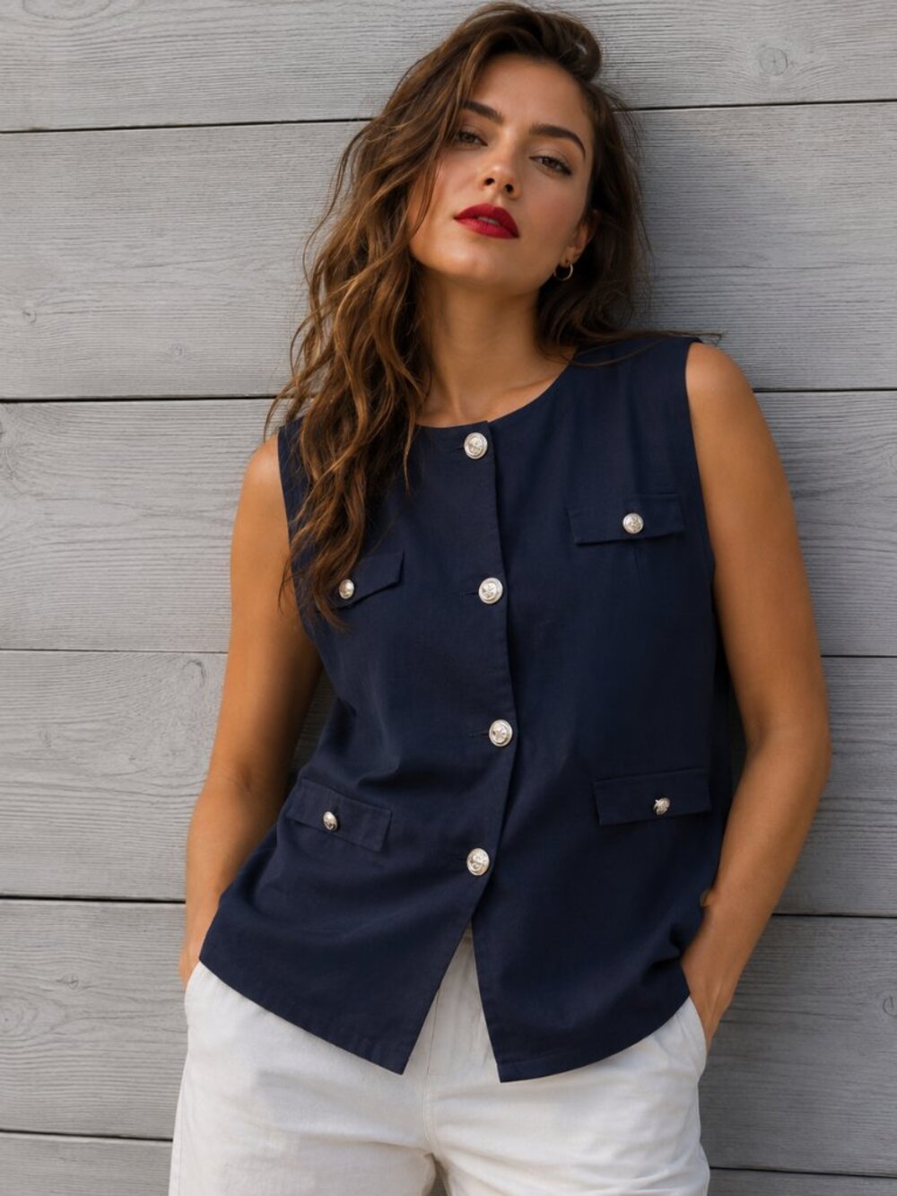 J&L Atelier Blue Vest Size XL Linen Viscose Tunic Sleeveless Nautical